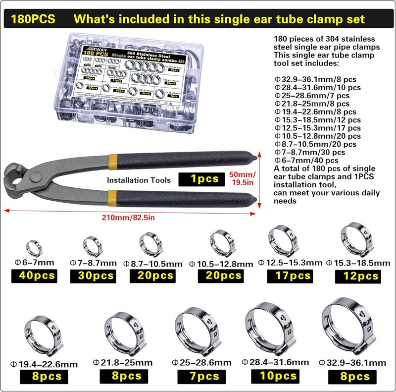 AskWay Single Ear Hose Clamp 6-36Mm 180 Pcs 11 Sizes, 304 Stainless Steel Stepless Hose Clamp, Suitable For Pex Pipe Connection, Automotive, Pipeline, Garden And Industrial Use - Image 3
